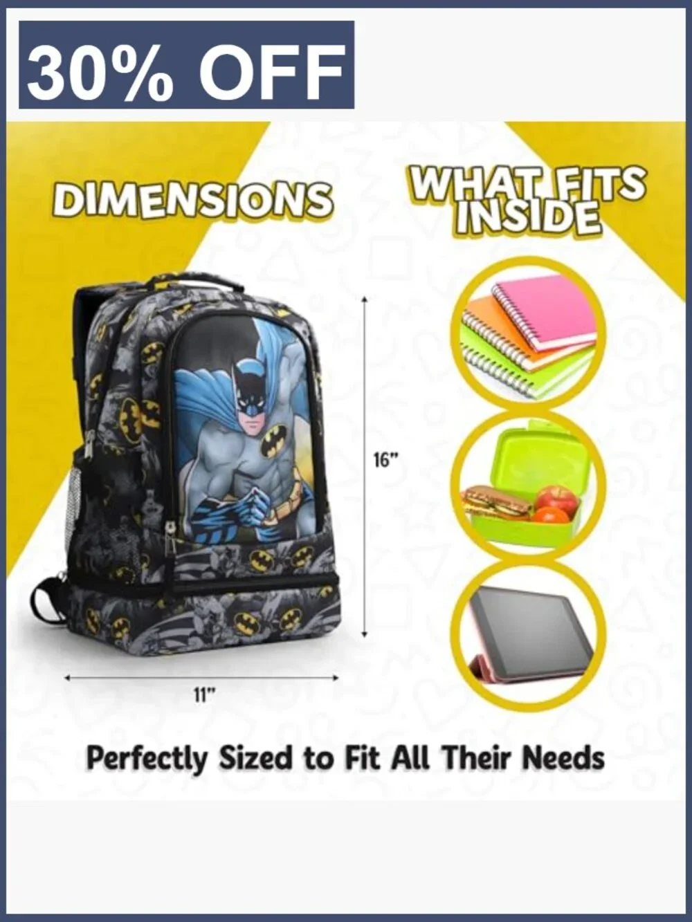 Kids Batman Backpack with Insulated Lunch Pocket and Padded Straps